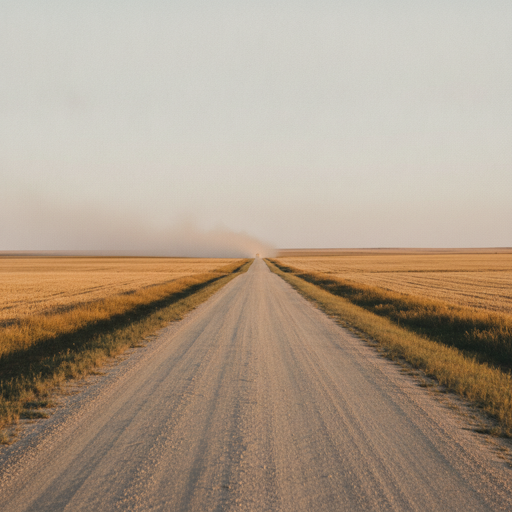 prairie gravel road with fine dust drifting across the ditch in late summer