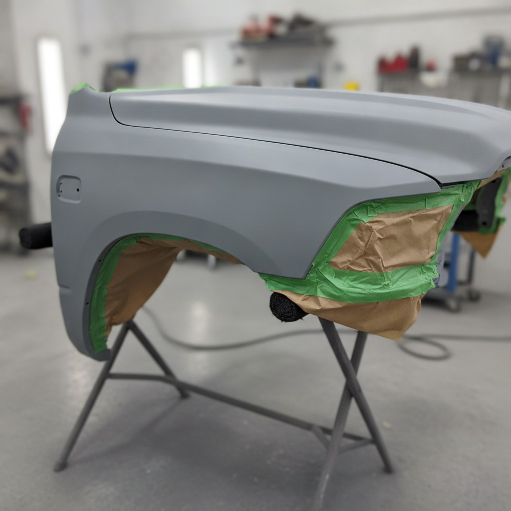 freshly primed truck fender in grey primer with masking tape along the edges on a panel stand