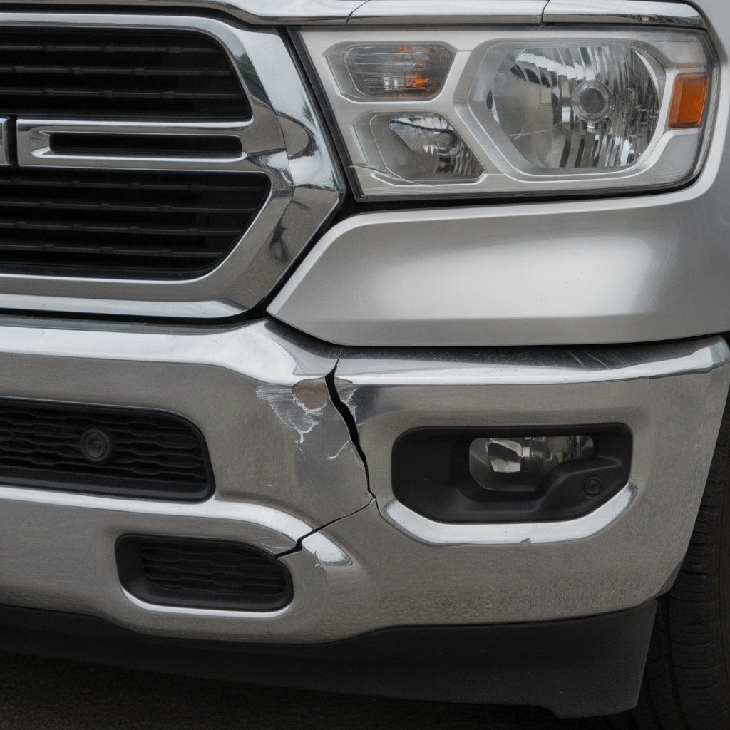 crumpled front bumper cover and fender edge on a Ram 1500 after a low speed collision