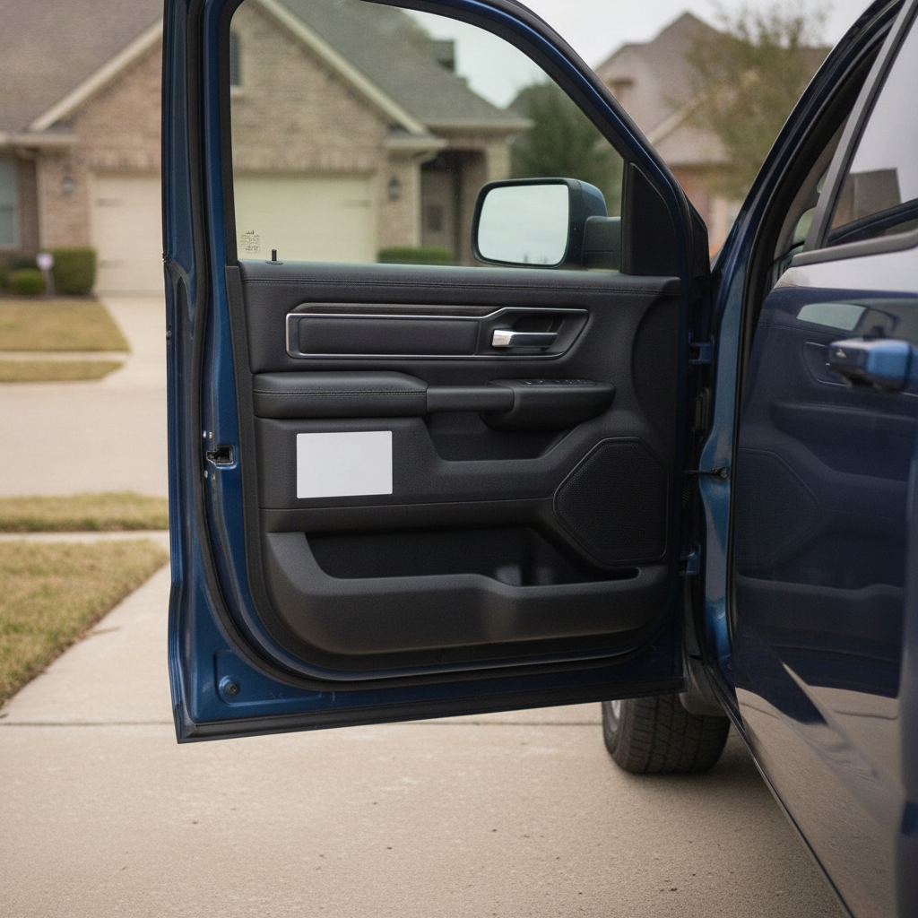 open driver's door of a Ram 1500 showing the door jamb where the tire placard sits