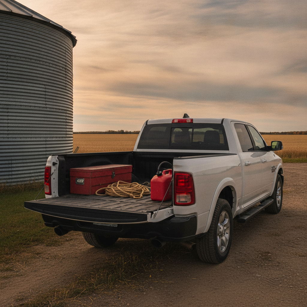 pickup cargo box with a toolbox and rope parked in a prairie farm yard in autumn