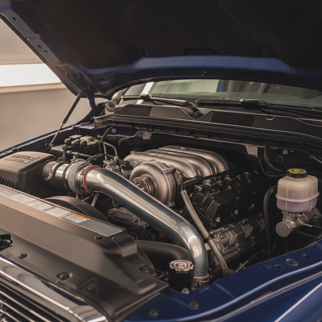 Turbocharged engine bay of a heavy duty pickup under shop lights
