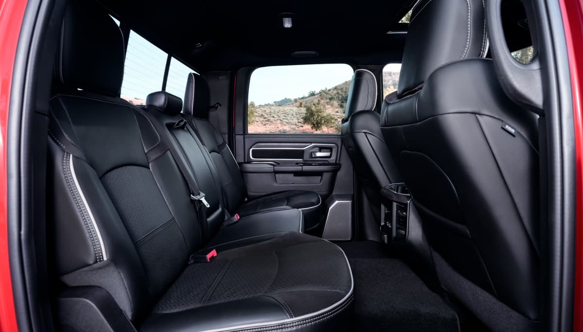 black leather rear seats in the crew cab of a 2026 Ram 2500