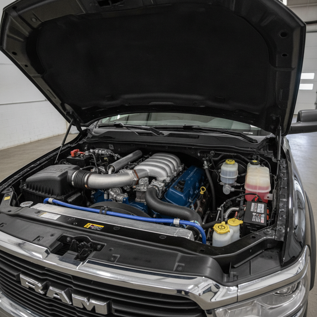 engine bay of a heavy duty Ram pickup showing a large inline six turbo diesel engine
