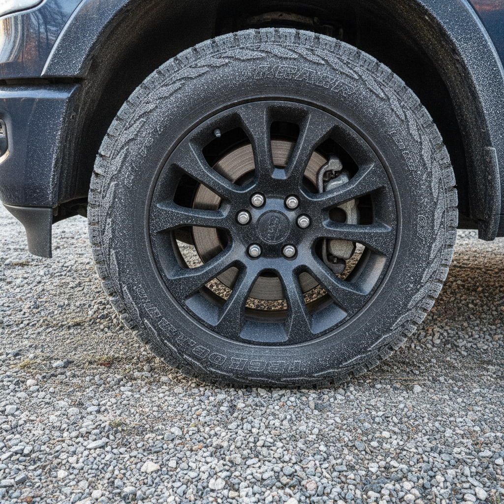 frost covered truck wheel on gravel with the brake rotor visible behind the spokes