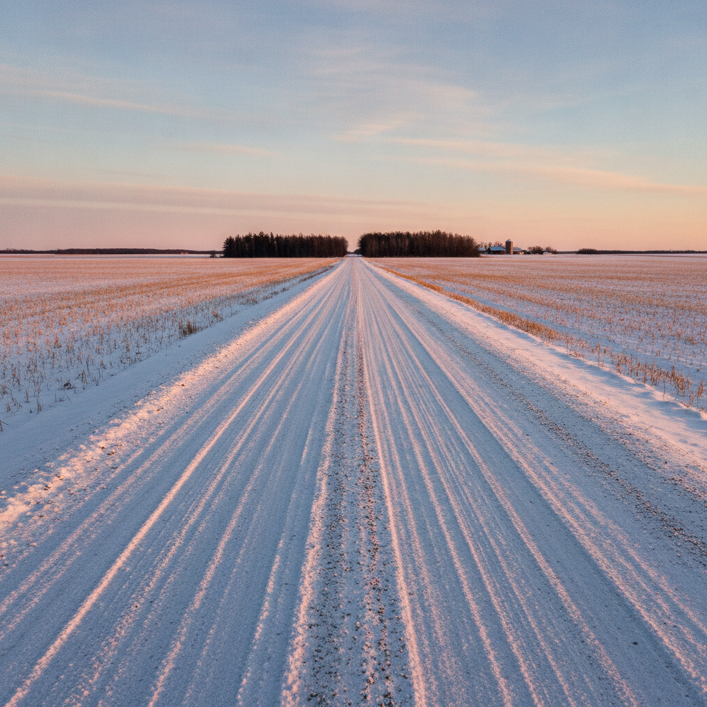 snow packed gravel grid road across flat Manitoba farmland in midwinter