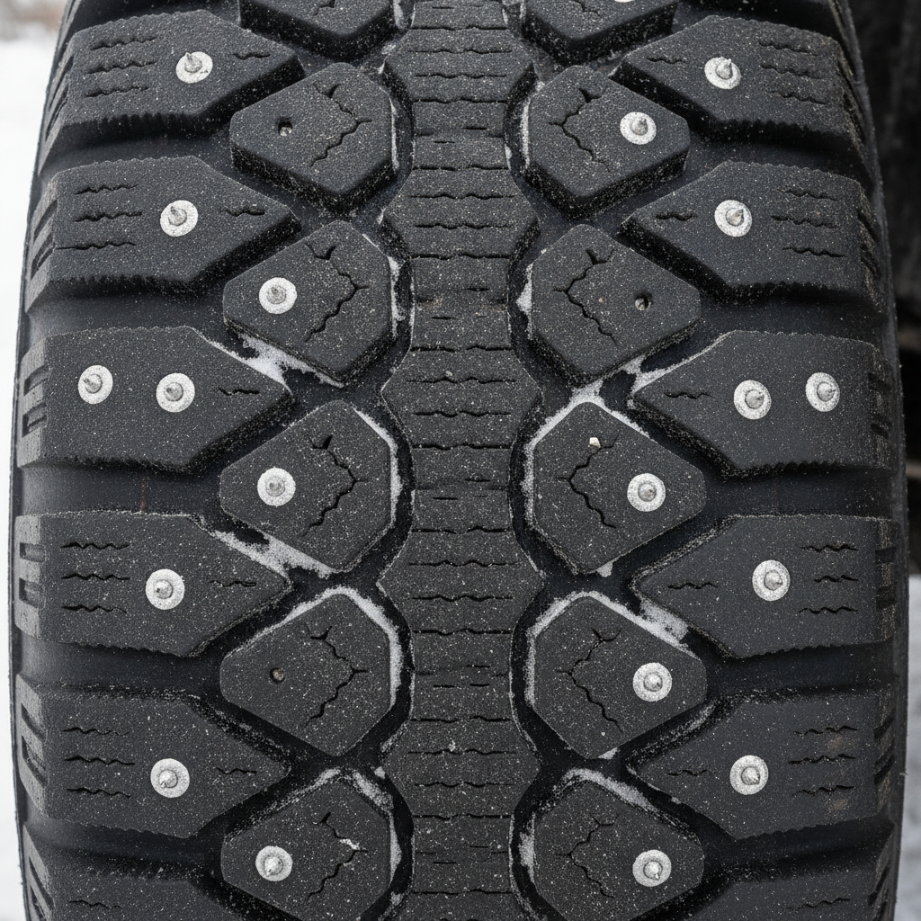 close up of a studded winter tire tread showing metal studs set into the rubber