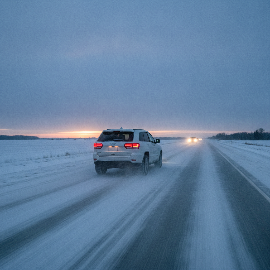 SUV driving a snow covered prairie highway at dusk with blowing snow
