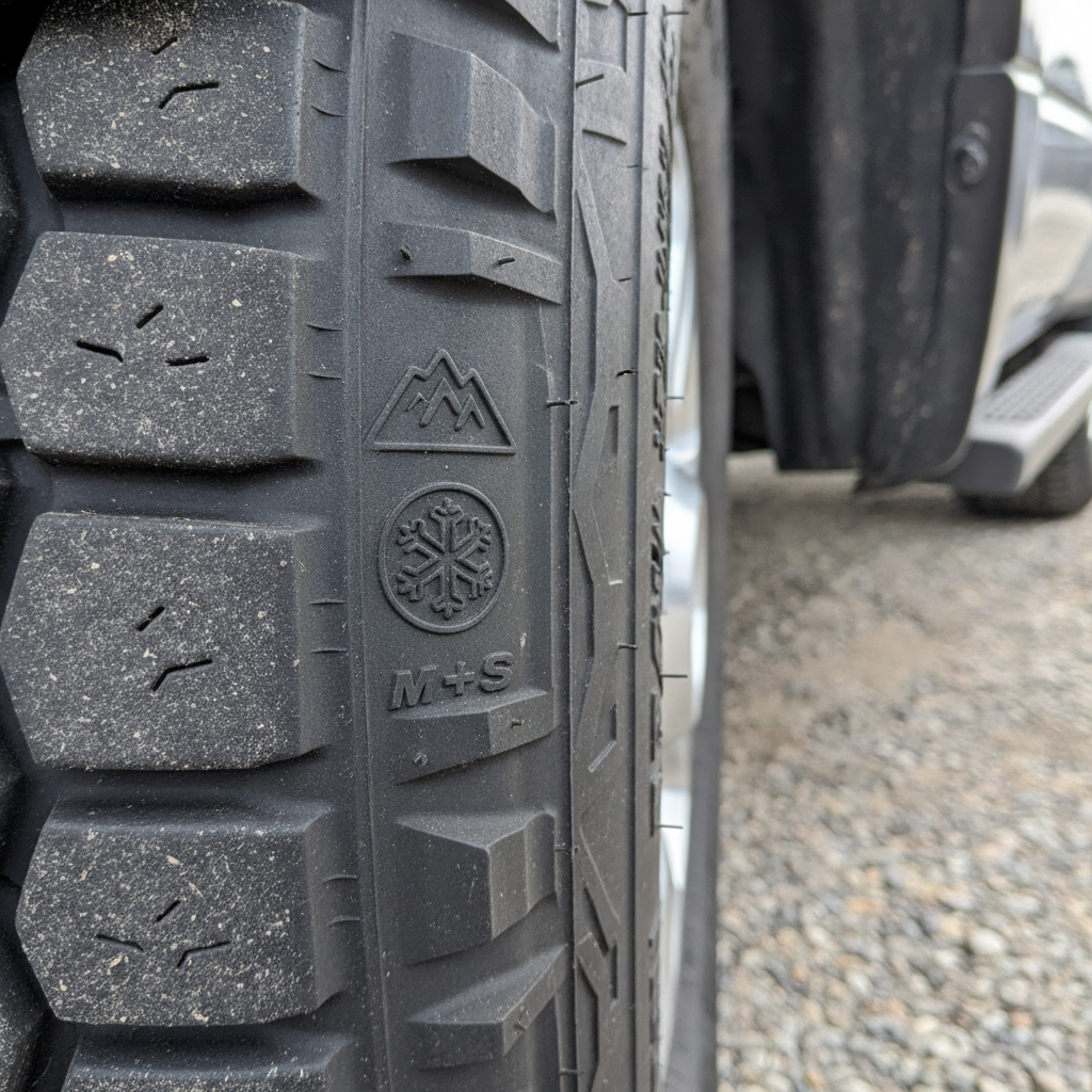 three peak mountain snowflake symbol stamped on a truck tire sidewall