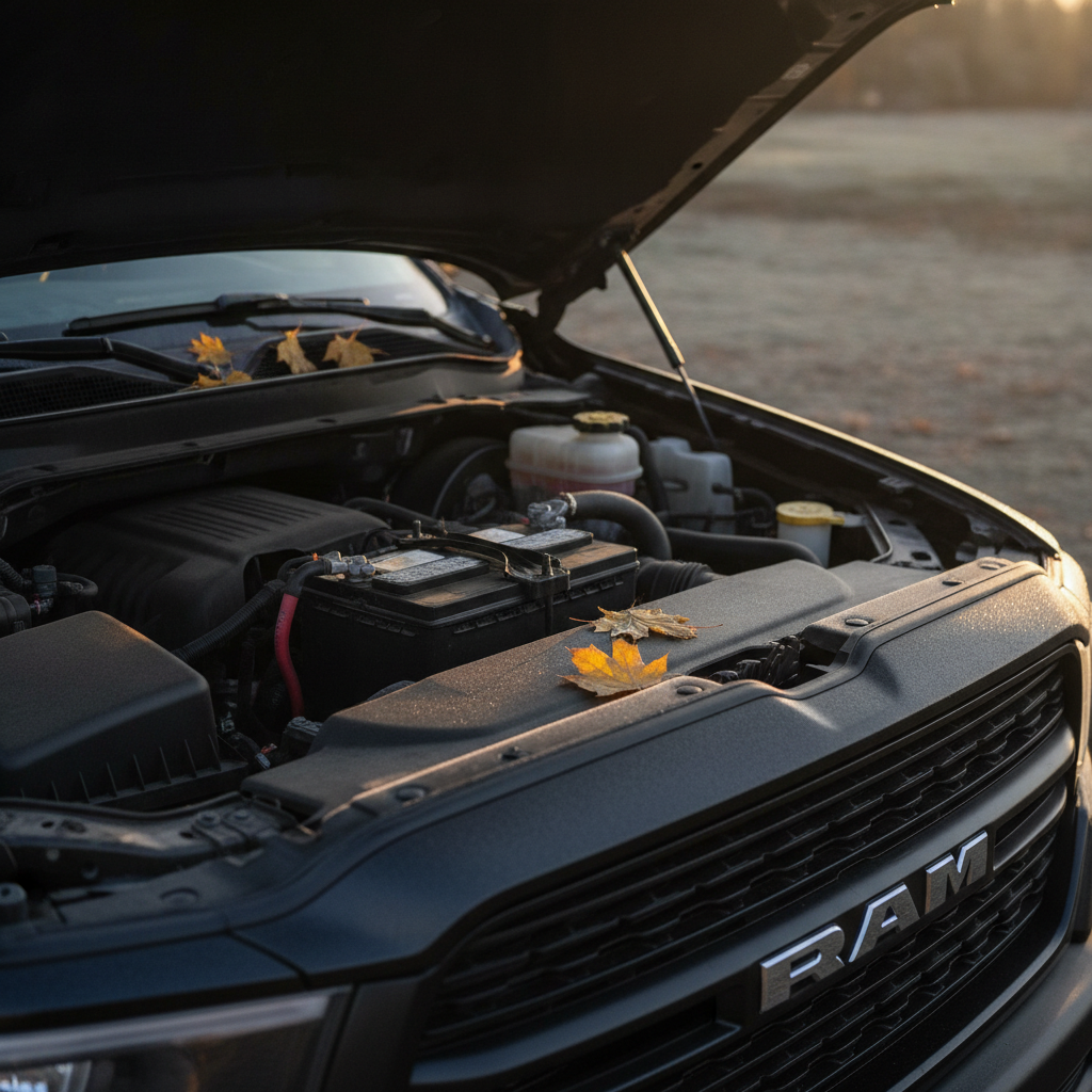 truck battery under the open hood of a Ram pickup on a fall morning, leaves on the cowl