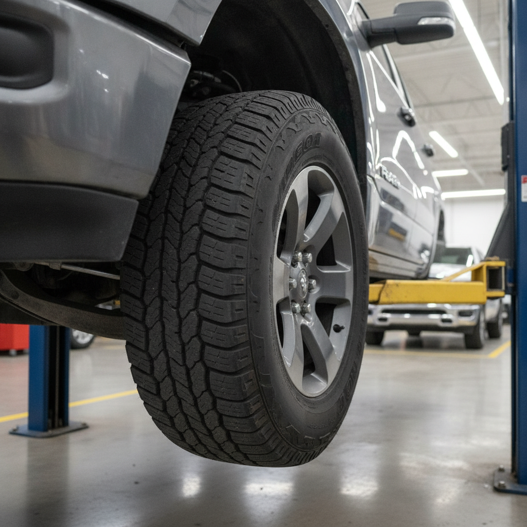front wheel and suspension of a pickup truck raised on a service hoist in a dealership bay