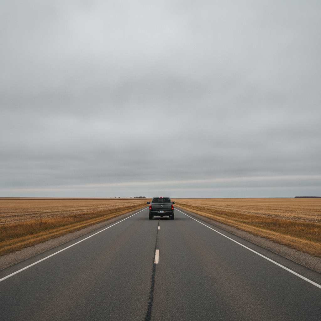 pickup truck driving a straight prairie highway through harvested fields under a grey autumn sky