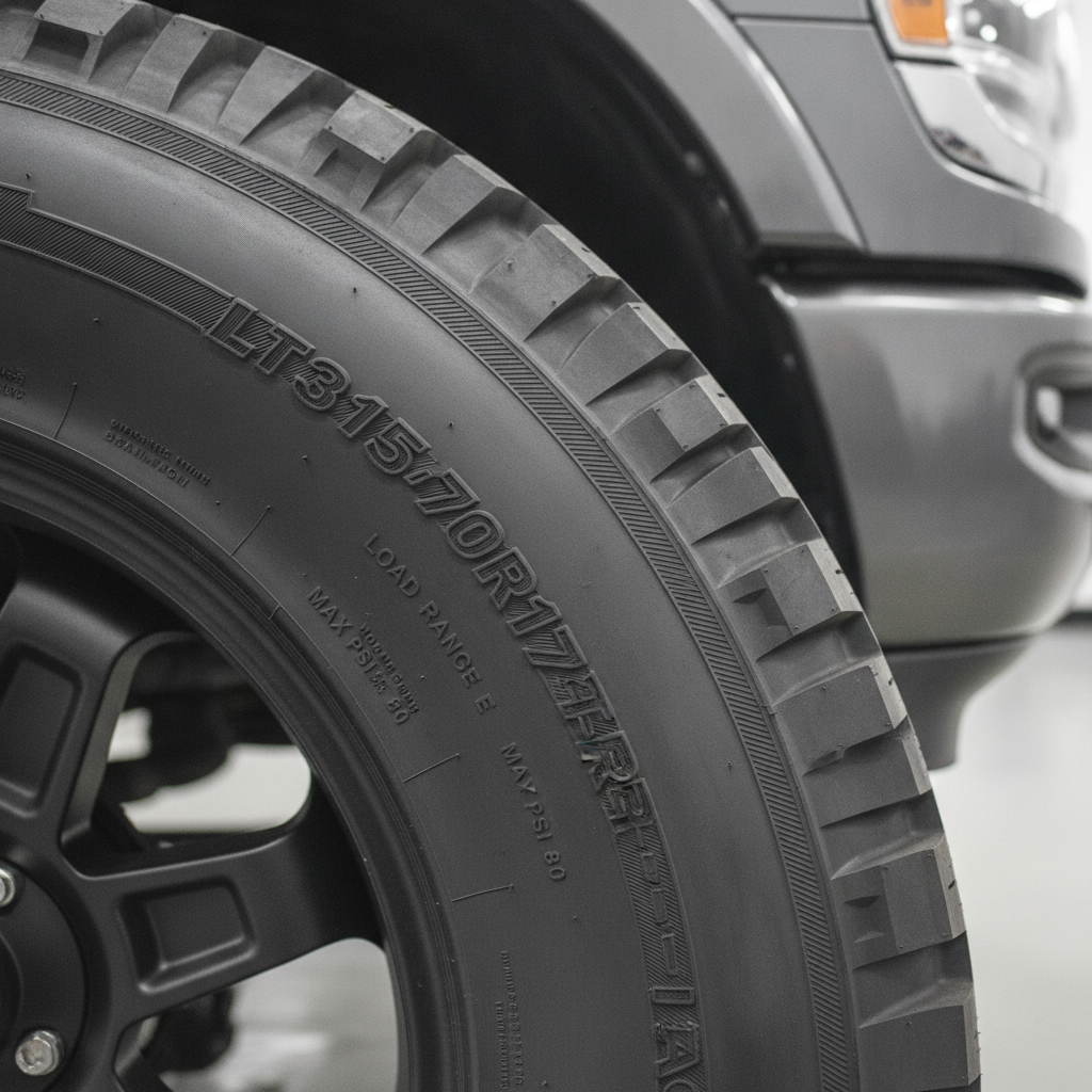 light truck tire sidewall showing moulded size and load range lettering