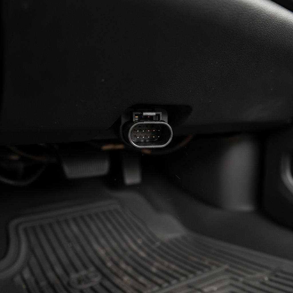 vehicle diagnostic port connector under a dashboard in dim cabin light