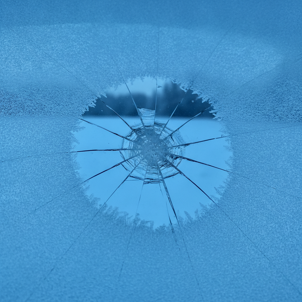 small star shaped rock chip in a windshield with frost forming around it at dawn
