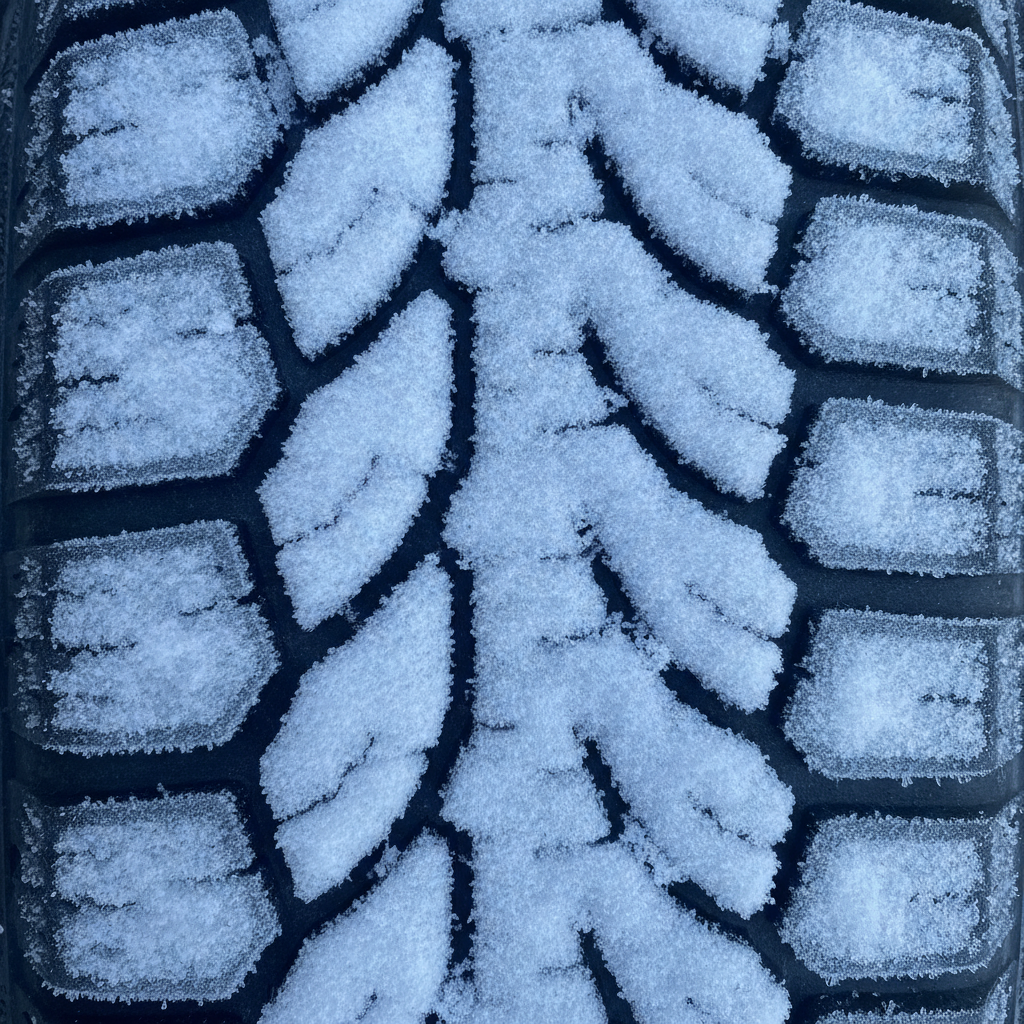 close up of a winter tire tread block packed with fresh snow showing deep sipes and biting edges