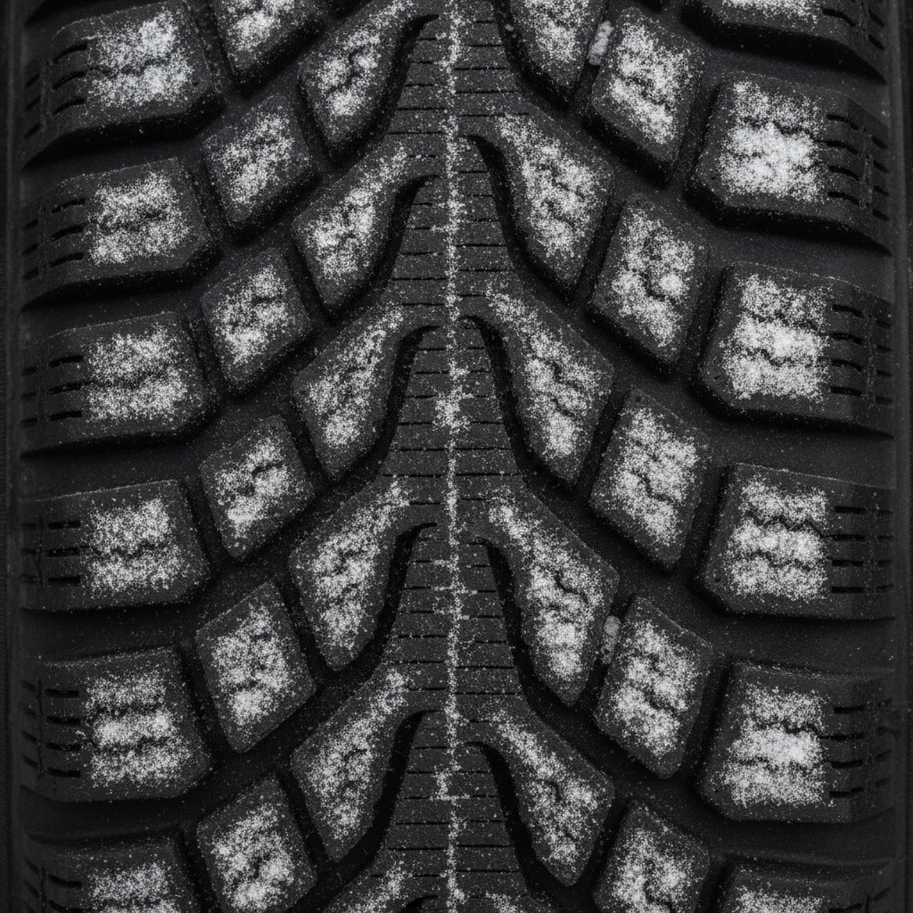 close up of a winter tire tread with deep siping dusted with fresh snow