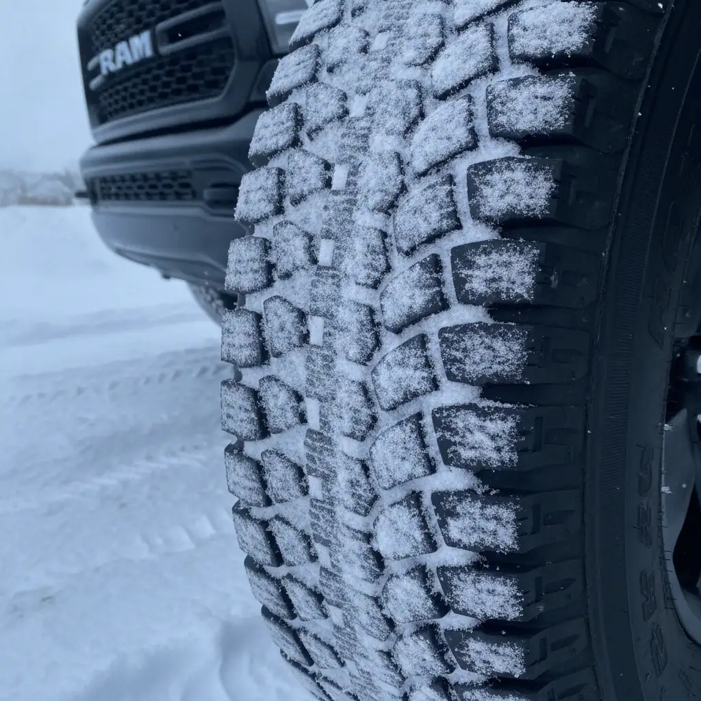 close up of a winter truck tire tread with snow packed into the tread blocks