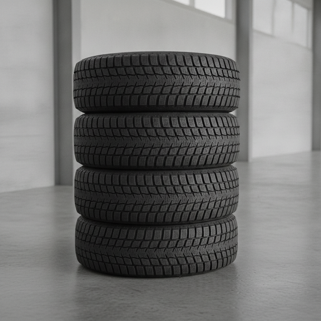 four winter tires mounted on steel wheels stacked on a shop floor