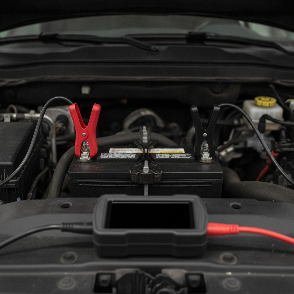 battery tester clamps attached to a truck battery under the hood