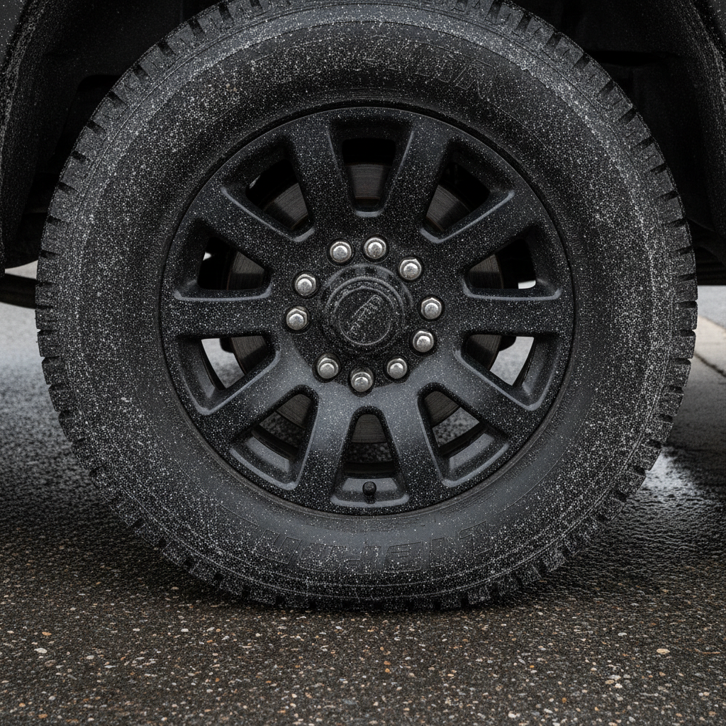 black painted heavy truck wheel with a film of winter road salt on the finish