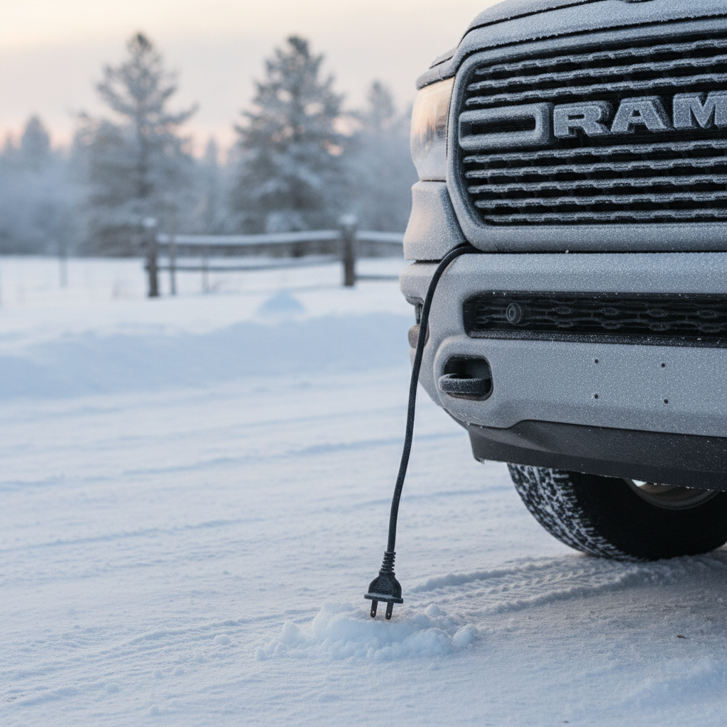 block heater cord hanging unplugged from a pickup grille in a snowy driveway at dawn