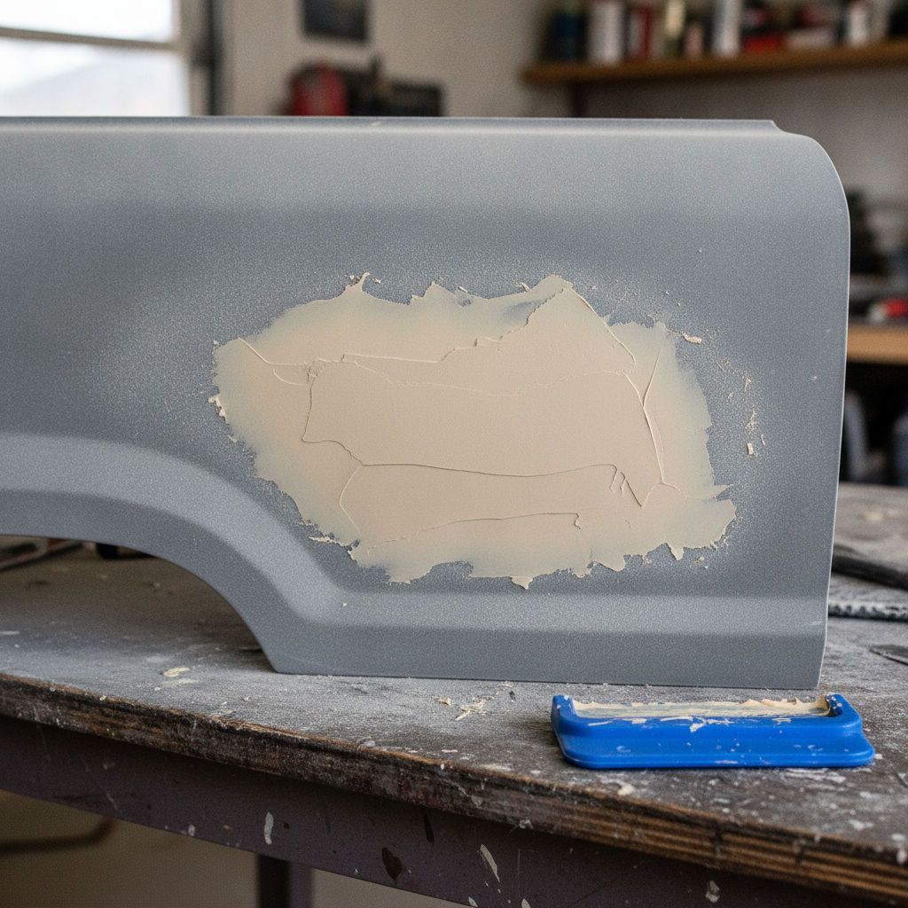 sanded panel with a feathered patch of body filler and a plastic spreader on the bench