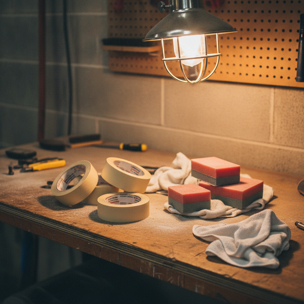 repair shop workbench with rolls of masking tape, sanding blocks and clean shop rags