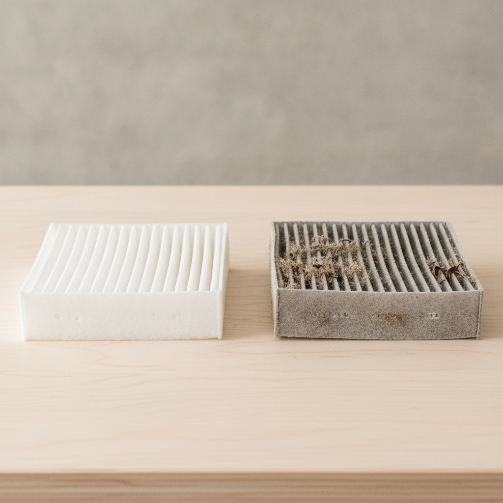 a clean white cabin air filter beside one loaded with fine dust and chaff