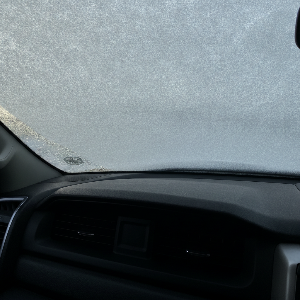 thick frost covering a windshield seen from inside, above the defroster vents on the dash