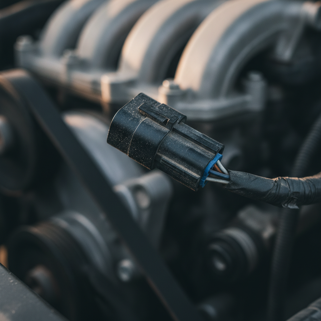 dusty wiring connector plugged into an engine sensor