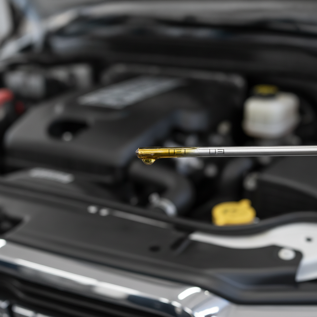 engine oil dipstick showing the oil level between the two marks