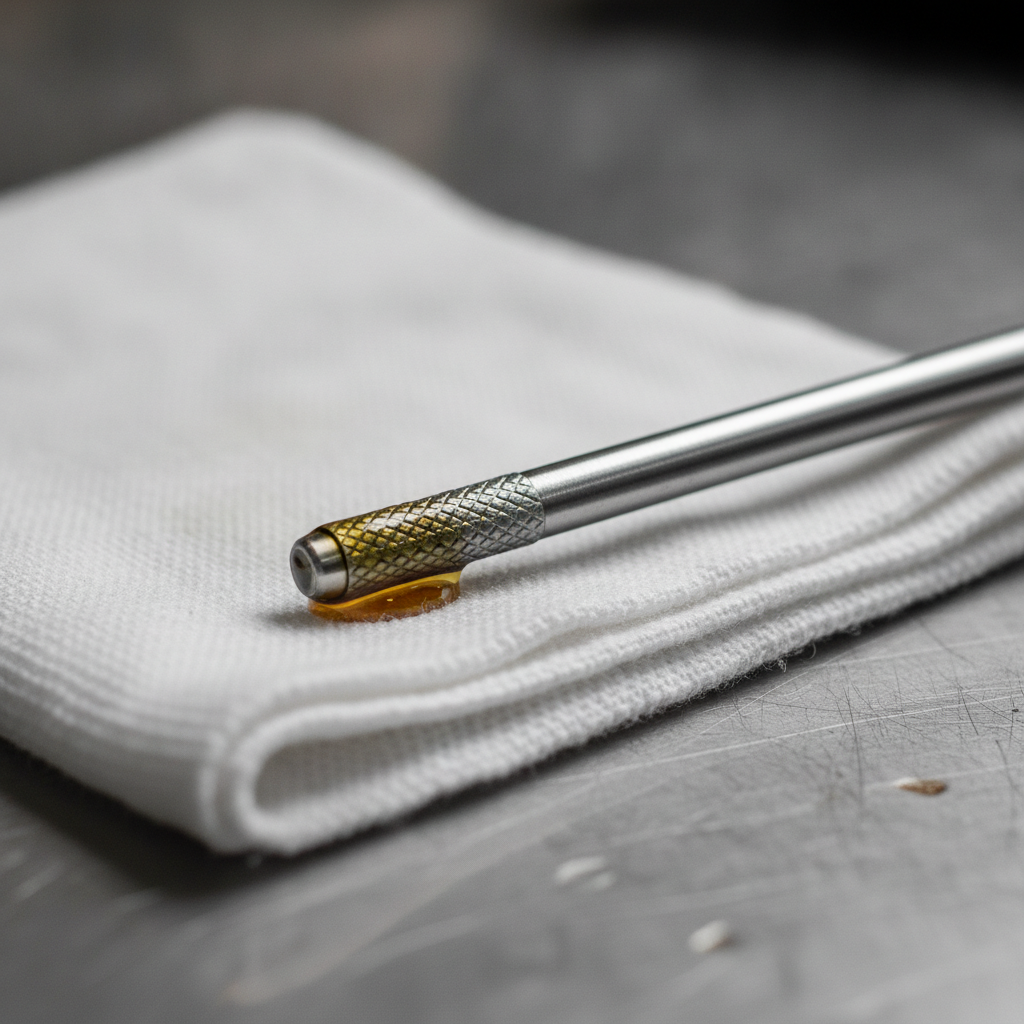 engine oil dipstick tip with clean amber oil resting on a shop rag