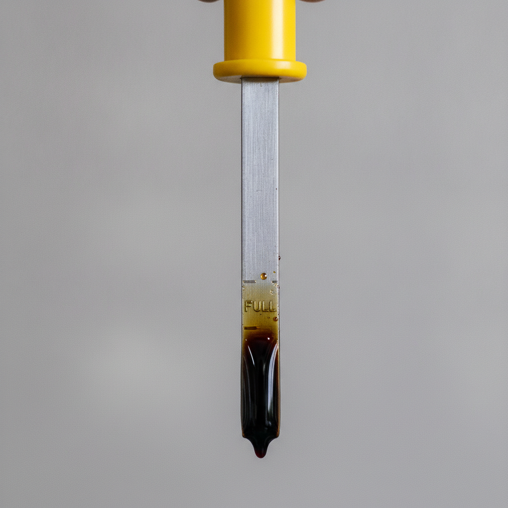 engine oil dipstick showing a film of dark used motor oil