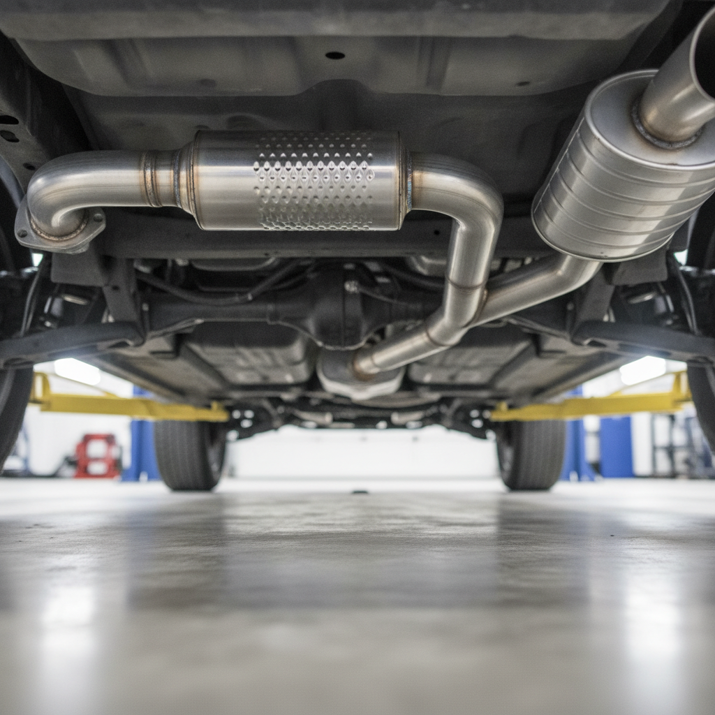 truck exhaust system and catalytic converter seen from underneath on a hoist