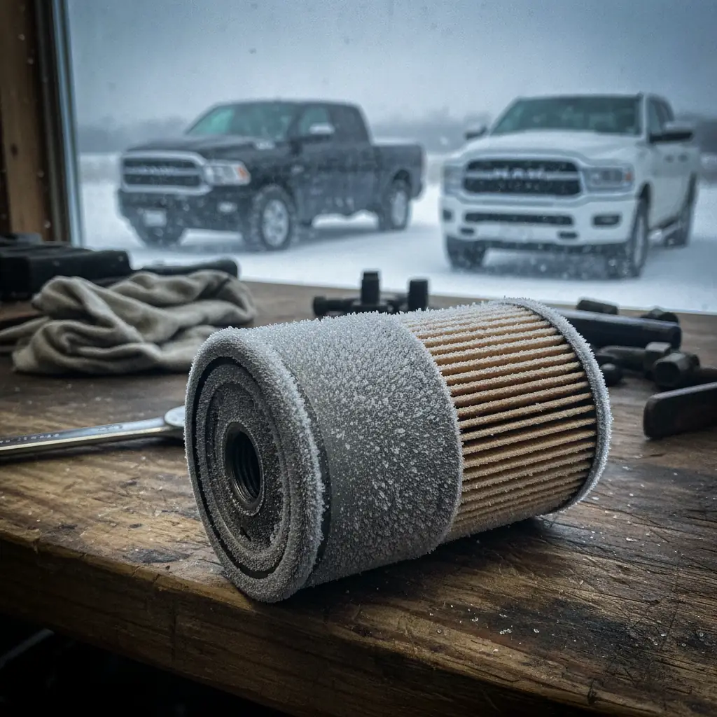 spin on diesel fuel filter with frost on the casing sitting on a shop bench