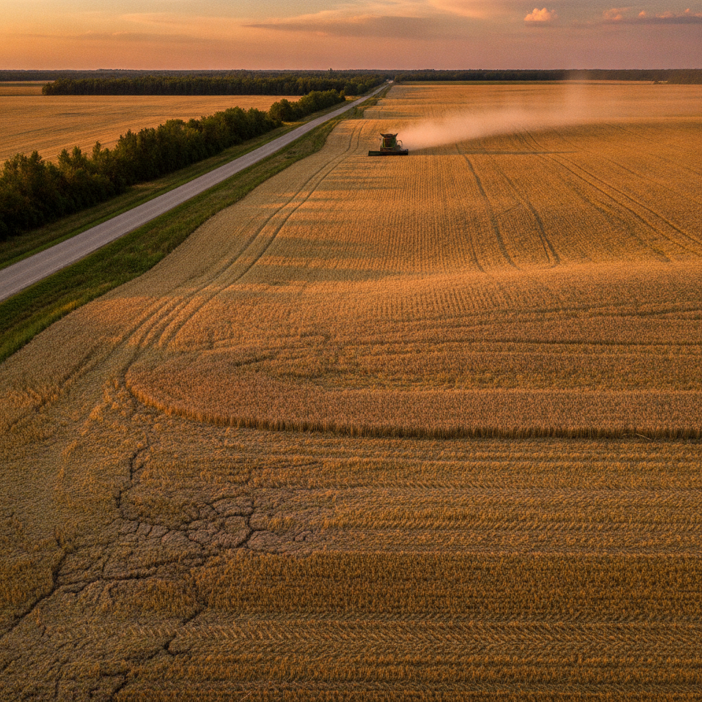 combine working a wheat field in the far distance on the Manitoba prairie at golden hour