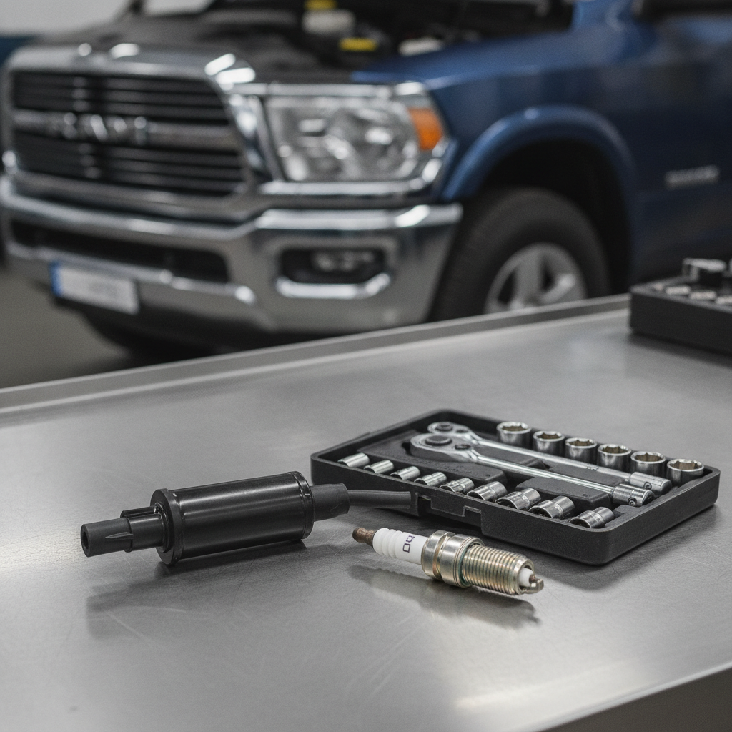 an ignition coil and a new spark plug on a clean service bench beside a socket set