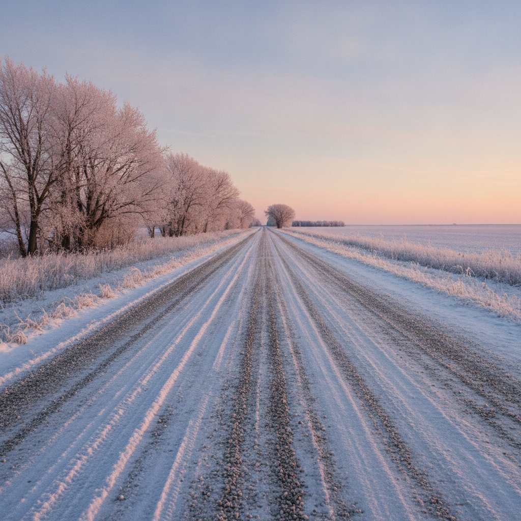 frozen gravel grid road at dawn with hoar frost on the ditch grass and packed snow in the wheel ruts