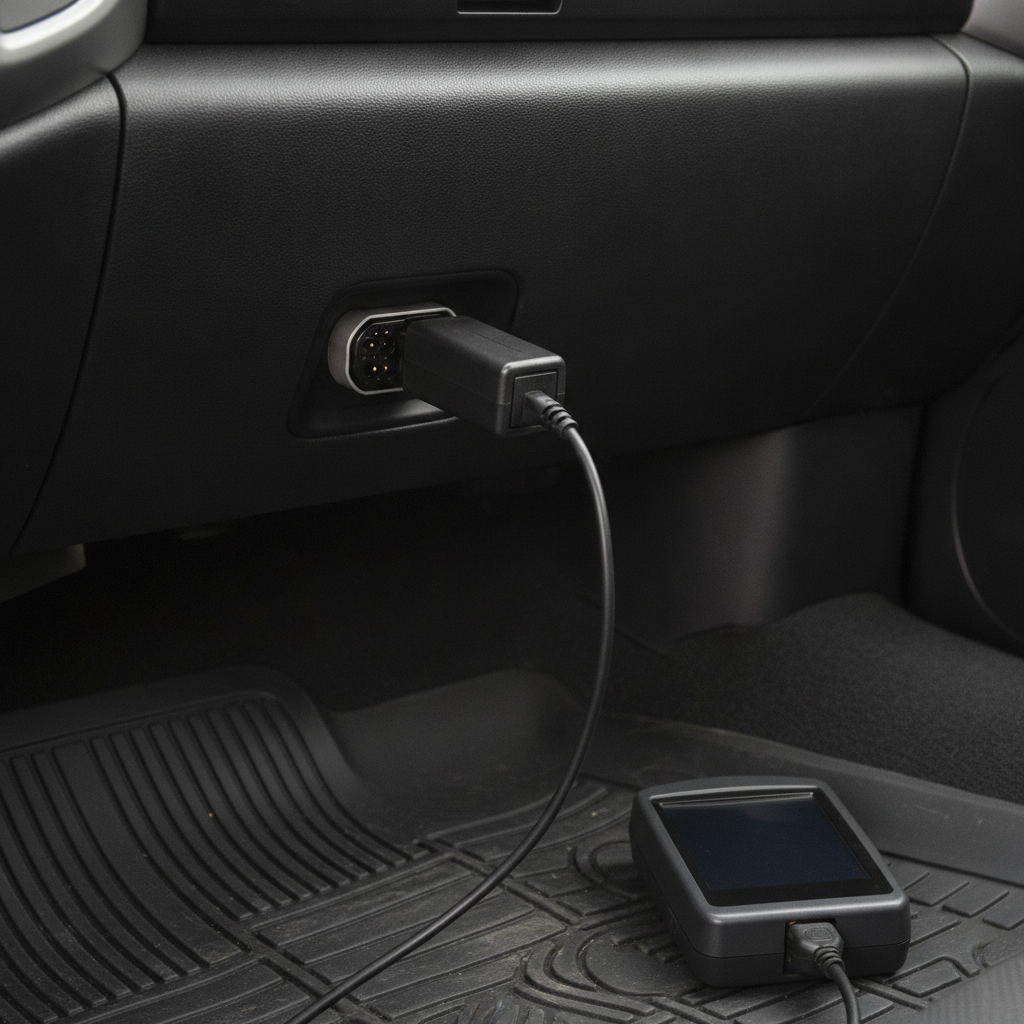 code reader plug seated in the D shaped diagnostic port under a pickup dashboard