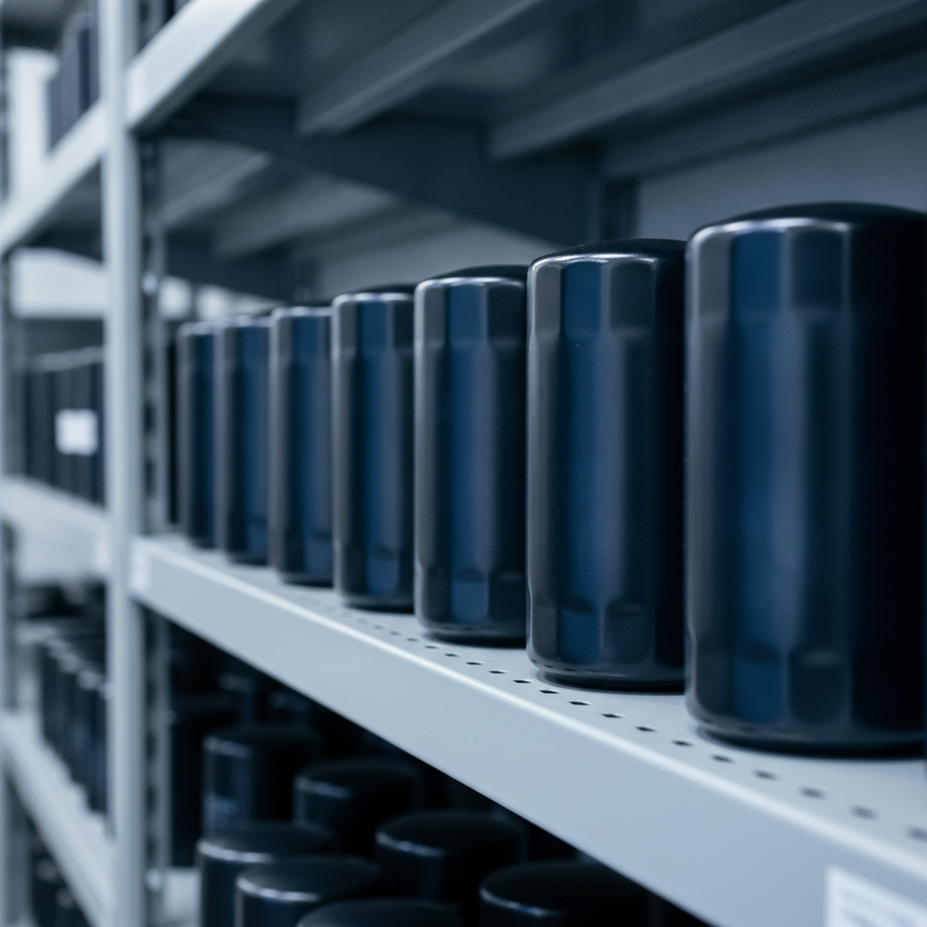 row of new spin on engine oil filters on a parts shelf in a dealership stockroom
