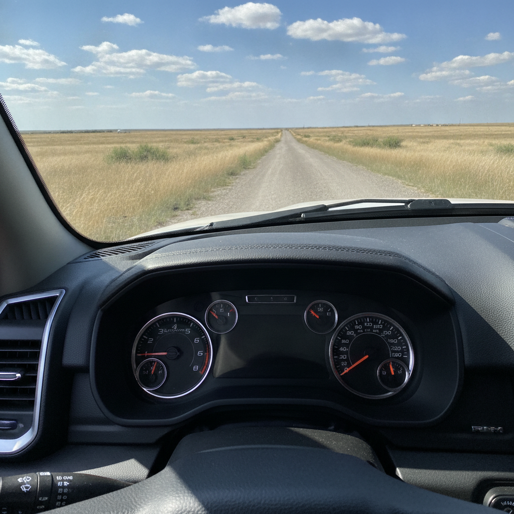 pickup instrument cluster with no warning lights on a gravel road