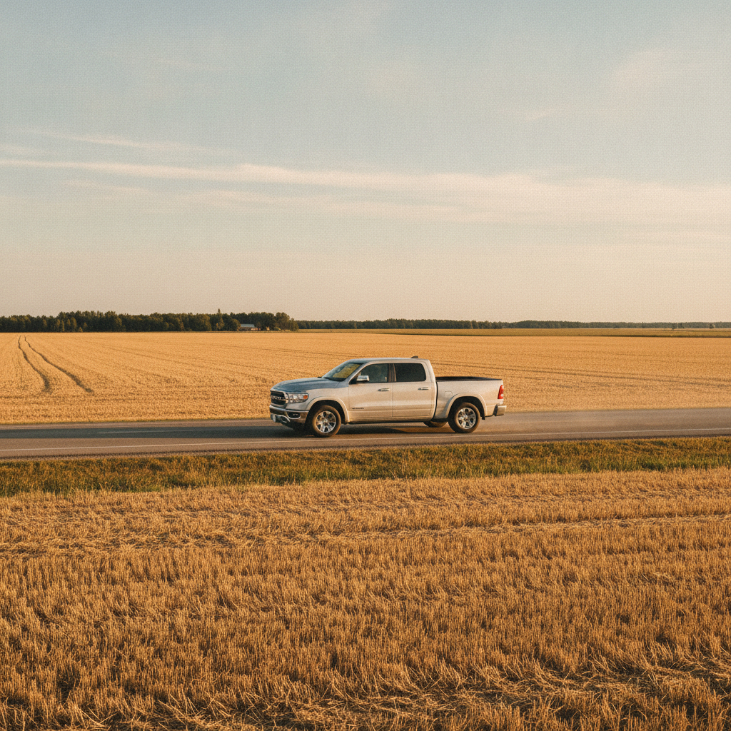 pickup truck cruising a straight prairie highway past harvested fields in autumn