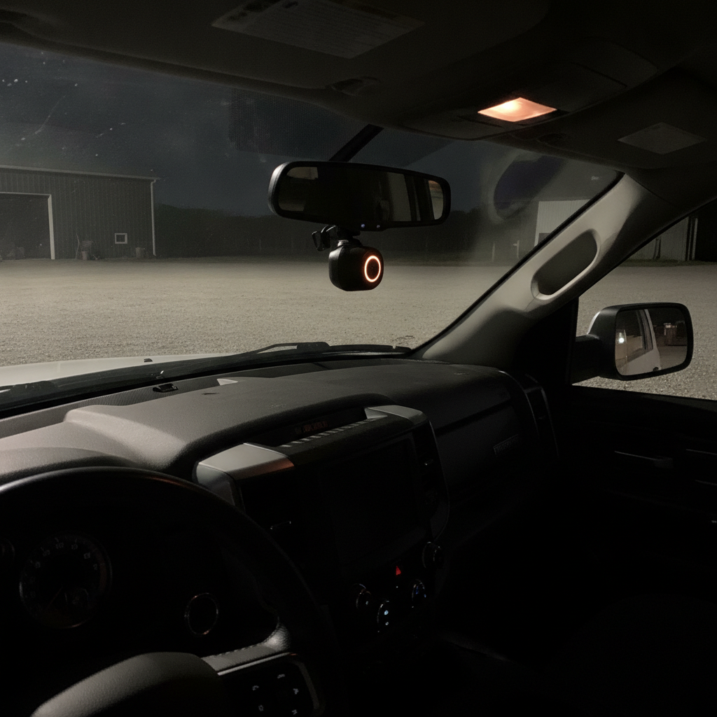 dash camera glowing in standby inside a parked pickup truck cab at night
