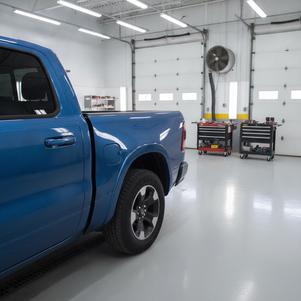 blue pickup parked in a bright, clean collision repair bay with tool carts behind
