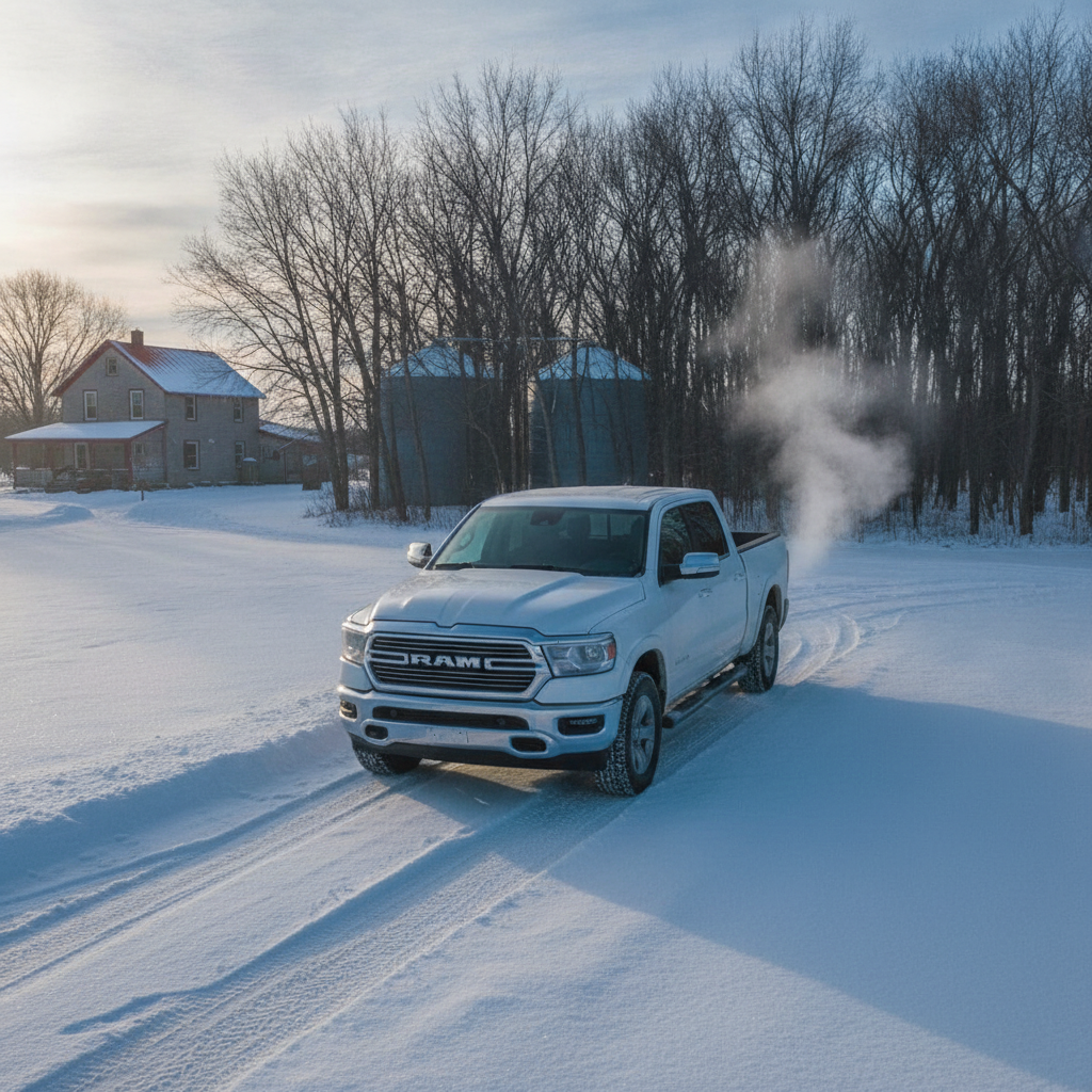 pickup warming up with remote start in a snowy prairie driveway at dawn
