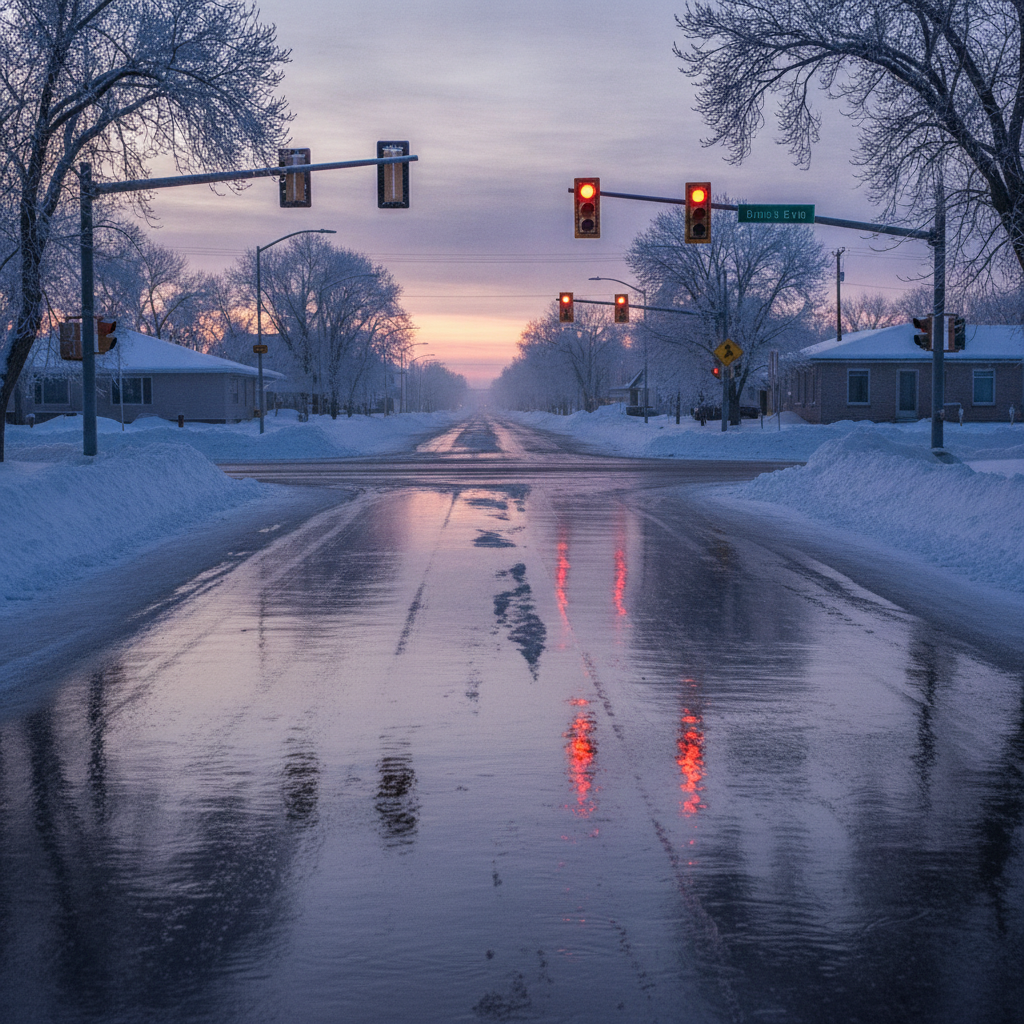 polished ice at a prairie town street intersection at dusk with snowbanks at the curb