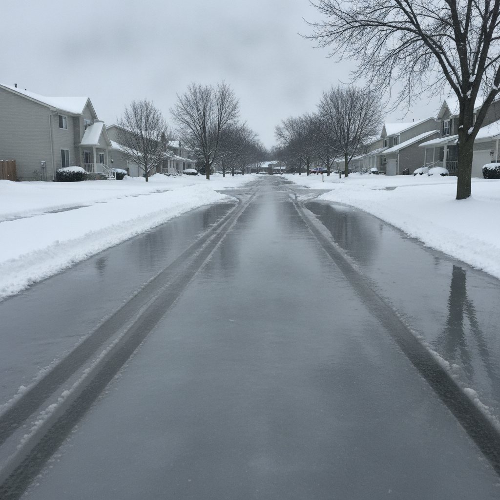 residential side street covered in polished glare ice with snow banks along the curb