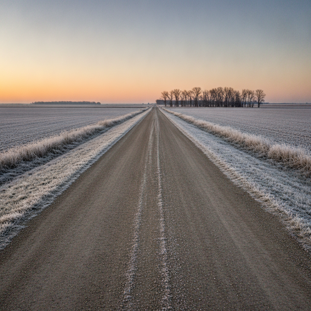 frost covered prairie fields and gravel road at dawn in late fall