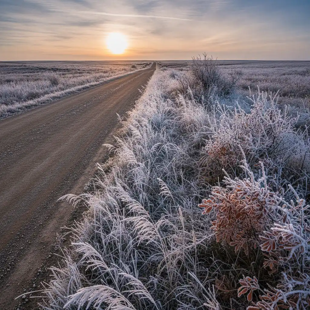 empty rural prairie road at first light with low fog lying over the ditch